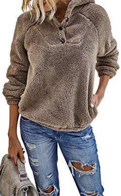 Les umes Damen Pullover Fuzzy Fleece Button Sweatshirt Warme Mäntel Lose Hoodies mit Tasche Kaki L von Les umes