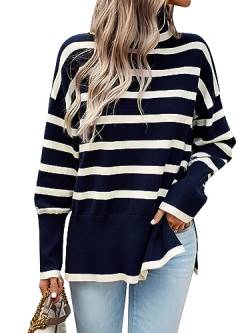 Les umes Damen Rollkragenpullover Gestreifter Langärmeliger Strickpullover Stricktop Marineblau S von Les umes