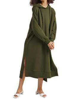 Les umes Damen Sweatkleid Langarm Pullover Hoodie Kleid mit Kapuze Split Side Oversize Kapuzenkleid Damen mit Taschen Armeegrün M von Les umes