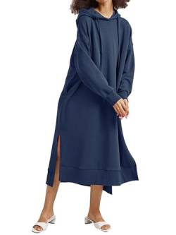 Les umes Damen Sweatkleid Langarm Pullover Hoodie Kleid mit Kapuze Split Side Oversize Kapuzenkleid Damen mit Taschen Blau L von Les umes