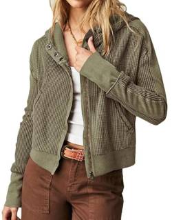 Les umes Damen Zip Up Cropped Hoodies Waffelstrick Casual Kapuzenjacken Langarm Armeegrün L von Les umes