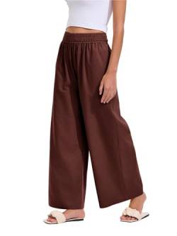 Les umes Hose Damen Palazzo Hose Weite Bein Hose mit Elastischer Taille Lockere Gerade Sommerhose Mit Taschen Freizeitshosen Culotte Hose locker Braun L von Les umes