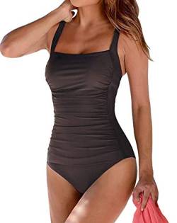 Leslady Damen Einfarbig Badeanzug Bandeau Monokini Figurformende Verstellbarer Schultergurt Badeanzüge Falten Bademode Schwimmanzug von Leslady