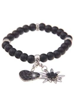 Leslii Damen-Armband Herz-Anhänger Edelweiß Oktoberfest Wiesn Dirndl schwarzes Perlen-Armband Modeschmuck-Armband Schwarz von Leslii
