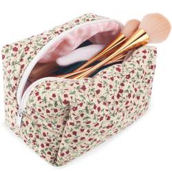 Kleine gesteppte Baumwoll-Make-up-Tasche für Damen, florales Muster, niedlich, rosa, Make-up-Tasche, ästhetische Reise-Kulturbeutel, Aufbewahrungstasche, Puffy Make-up-Pinsel, trendiger von Lestp