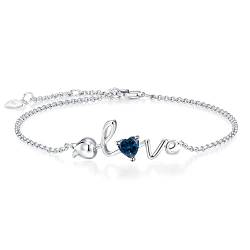 925 Sterling Silber Dezember Geburtsstein Armbänder Rose Liebe Herz Armband Erstellt London Blue Topas Charm Link Weihnachten Geburtstag Schmuck Geschenke für Frauen Mädchen, 20cm verstellbare Kette von Leva Jewkis