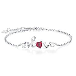 Leva Jewkis 925 Sterling Silber Juli Geburtsstein Armbänder Rose Liebe Herz Armband Erstellt Rubin Red Edelstein zierliche Charm Link für Frauen Mädchen, 20cm verstellbare Kette von Leva Jewkis