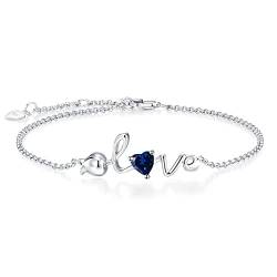 Leva Jewkis 925 Sterling Silber September Geburtsstein Armbänder Rose Liebe Herz Armband Erstellt Blau Saphir Edelstein zierliche Charm Link für Frauen Mädchen, 20cm verstellbare Kette von Leva Jewkis