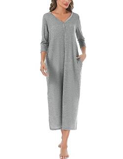 Leversic 3/4 Ärmel Nachthemd Damen Lang aus Baumwolle Sommer Sleepshirt Nachtkleid Stillnachthemd mit Taschen, Grau, L von Leversic