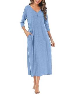 Leversic 3/4 Ärmel Nachthemd Damen Lang aus Baumwolle Sommer Sleepshirt Nachtkleid Stillnachthemd mit Taschen, Hellblau, L von Leversic