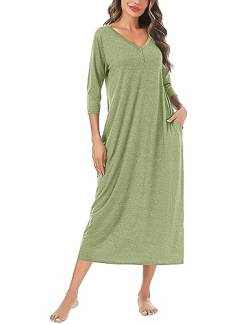 Leversic 3/4 Ärmel Nachthemd Damen Lang aus Baumwolle Sommer Sleepshirt Nachtkleid Stillnachthemd mit Taschen, Hellgrün, L von Leversic