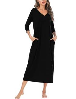 Leversic 3/4 Ärmel Nachthemd Damen Lang aus Baumwolle Sommer Sleepshirt Nachtkleid Stillnachthemd mit Taschen, Schwarz, L von Leversic