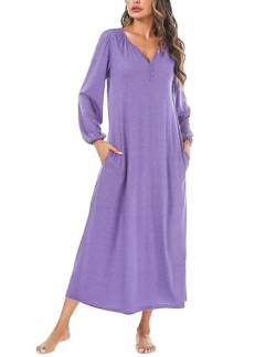 Leversic Nachthemd Damen Langarm mit Laternenärmeln, Elegantes Sleepshirt Nachtwäsche mit Knopfleiste und Taschen, Nachthemd Damen Lang, 882-Hellviolett, M von Leversic