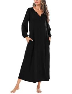 Leversic Nachthemd Damen Langarm mit Laternenärmeln, Elegantes Sleepshirt Nachtwäsche mit Knopfleiste und Taschen, Nachthemd Damen Lang, 882-Schwarz, S von Leversic