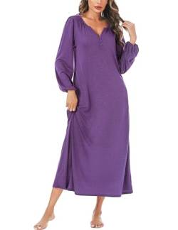 Leversic Nachthemd Damen Langarm mit Laternenärmeln, Elegantes Sleepshirt Nachtwäsche mit Knopfleiste und Taschen, Nachthemd Damen Lang, 882-Violett, L von Leversic