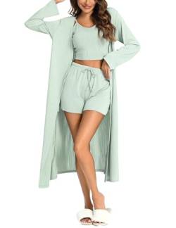 Leversic Pyjama Damen Set 3-teiliges Schlafanzug Damen Kurz Hausanzug Nachtwäsche Lounge Set, Cami Top & Kurzhose & Morgenmantel, 910-Grün, XXL von Leversic