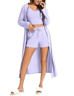Leversic Pyjama Damen Set 3-teiliges Schlafanzug Damen Kurz Hausanzug Nachtwäsche Lounge set, Cami Top & Kurzhose & Morgenmantel, 910-Lila, L von Leversic