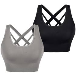 Leversic Sport BH Damen Push up, Sports Bra Ohne Bügel Sport BH Rückenfrei, mit Breiten Trägern für Besseren Halt und Unterstützung, 314-2PCS-Schwarz+Grau, M von Leversic