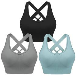 Leversic Sport BH Damen Push up, Sports Bra Ohne Bügel Sport BH Rückenfrei, mit Breiten Trägern für Besseren Halt und Unterstützung, 3PCS-Schwarz+Blau+Grau, M von Leversic