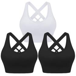 Leversic Sport BH Damen Push up, Sports Bra Ohne Bügel Sport BH Rückenfrei, mit Breiten Trägern für Besseren Halt und Unterstützung, 3PCS-Schwarz+Schwarz+Weiß, L von Leversic