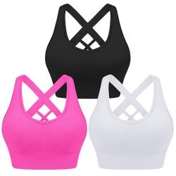 Leversic Sport BH Damen Push up, Sports Bra Ohne Bügel Sport BH Rückenfrei, mit Breiten Trägern für Besseren Halt und Unterstützung, 3PCS-Schwarz+Weiß+Rosarot, S von Leversic