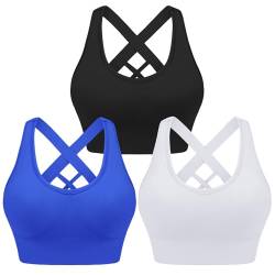 Leversic Sport BH Damen Push up, Sports Bra Ohne Bügel Sport BH Rückenfrei, mit Breiten Trägern für Besseren Halt und Unterstützung, 3PCS-Schwarz+Weiß+Saphir, L von Leversic