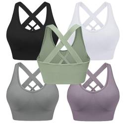 Leversic Sport BH Damen Push up, Sports Bra Ohne Bügel Sport BH Rückenfrei, mit Breiten Trägern für Besseren Halt und Unterstützung, 5PCS-Schwarz+Weiß+Grün+Grau+Violett, L von Leversic