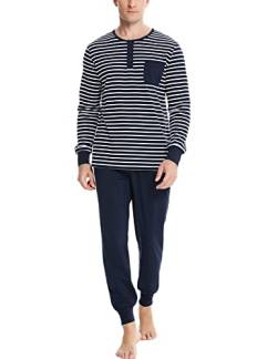 Leversic Zweiteiliger' Pyjamaset Schlafanzug Herren Lang Rundhals aus Baumwolle Modisches Farbblockstreifen-Design, Pyjama Herren Lang mit Tasche, 721-Navy blau, L von Leversic