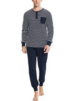 Leversic Zweiteiliger' Pyjamaset Schlafanzug Herren Lang Rundhals aus Baumwolle Modisches Farbblockstreifen-Design, Pyjama Herren Lang mit Tasche, 721-Navy blau, M von Leversic