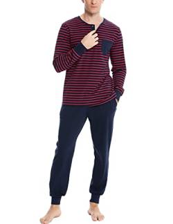 Leversic Zweiteiliger' Pyjamaset Schlafanzug Herren Lang Rundhals aus Baumwolle Modisches Farbblockstreifen-Design, Pyjama Herren Lang mit Tasche, 721-Rot, S von Leversic