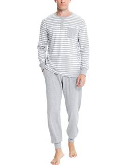 Leversic Zweiteiliger' Pyjamaset Schlafanzug Herren Lang Rundhals aus Baumwolle Modisches Farbblockstreifen-Design, Pyjama Herren Lang mit Tasche, 721-hellgrau, S von Leversic