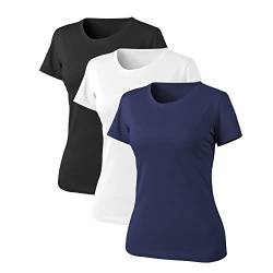 LiKing Damen T-Shirt Baumwolle Kurzarm Basic Sommer Rundhals T-Shirts Oberteile Top Bluse 3er Pack 6101 Mehrfarbig 6101-UN2-M-3 von LiKing