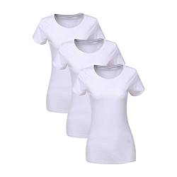 LiKing Damen T-Shirt Baumwolle Kurzarm Basic Sommer Rundhals T-Shirts Oberteile Top Bluse 3er Pack 6101 Weiß 6101-WH-M-3 von LiKing