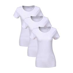 LiKing Damen T-Shirt Baumwolle Kurzarm Basic Sommer Rundhals T-Shirts Oberteile Top Bluse 3er Pack 6101 Weiß 6101-WH-S-3 von LiKing