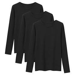 LiKing Langarmshirt Damen Basic Longsleeve Langarm-Shirt Oberteil Tops mit Stretch Baumwolle Oberteile Casual Rundhals Tee Shirt 3er Pack Schwarz 6151-BL Small von LiKing