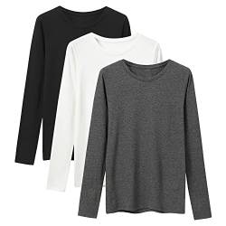 LiKing Langarmshirt Damen Basic Longsleeve Langarm-Shirt Oberteil Tops mit Stretch Baumwolle Oberteile Casual Rundhals Tee Shirt 3er Pack Schwarz Weiß Dunkelgrau 6151-BWG Small von LiKing