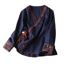 Chinesischer Ethnischer Stil Vintage Lose Baumwolle Und Leinen Frauen Schräg Bestickt Top Hanfu Antiker Tee ZenKleidung Marine XL von LianMz