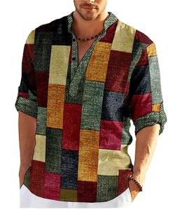 Männer Karo Farbblock Druck Shirt Sommer Lässig Mode Rollup Ärmel Henley Shirt Hawaiian Beach Hemden Farbe2 3XL von LianMz