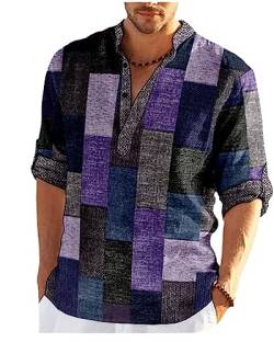 Männer Karo Farbblock Druck Shirt Sommer Lässig Mode Rollup Ärmel Henley Shirt Hawaiian Beach Hemden Farbe5 3XL von LianMz