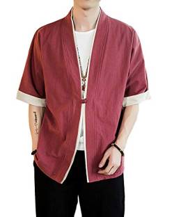 Liangzhu Herren Happi Kimono Haori Jacke Übergangsjacke Mäntel Hanfu Langarmshirts Cardigan Burgunderrot 3XL von Liangzhu