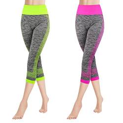 Libella 2er Pack Damen Leggings 3/4 Sporthose High Waist Sportleggins Mehrfarbig Strech Fitness Laufhose Caprihose 4119 Grün Rosa L XL von Libella