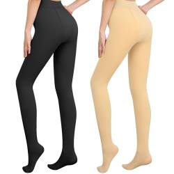 Libella 2er Pack Damen Thermo Strumpfhosen mit Innenfutter Winter warm blickdichte Thermostrumpfhose Kuschel Seamless Treggings hoch Bund Sport Tight Schwarz Beige 4152 L von Libella