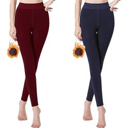 Libella 2er Pack Thermo Legggings Damen gefüttert Winter warm nahtlos Strumpfhose ohne Fuß Kuschel Seamless Treggings hoch Bund Sport Lange Tight 4130 Rot Blau S von Libella