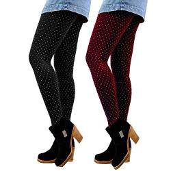 Libella 2er Set Winterleggings Skinny Thermoleggings Laufhose mit Pünktchen Norweger Teddy-Innenfleece Frauen/Mädchen 4146 Schcwarz+Dunkelrot von Libella