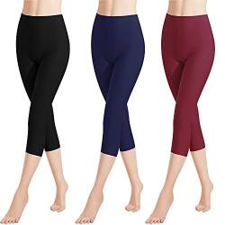 Libella 3er Pack Damen Leggings 3/4 Hose aus Baumwolle Capri-Hose mit Hohe Taille bunt Slim Fit Fitnesshose Mehrfarbig 4161 Schwarz Wein Marienblau S von Libella