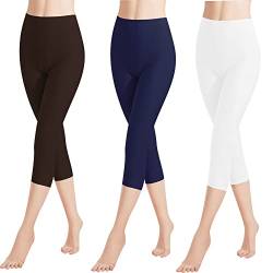 Libella 3er Pack Damen Leggings 3/4 Hose aus Baumwolle Capri-Hose mit Hohe Taille bunt Slim Fit Fitnesshose Mehrfarbig 4161 Schwarz Weiß Marineblau S von Libella