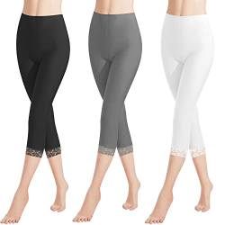 Libella 3er Pack Damen Leggings 3/4 Hose mit Spitze aus Baumwolle Capri-Hose mit Hohe Taille bunt Slim Fitnesshose Schwarz Weiß Grau XL 4166 von Libella