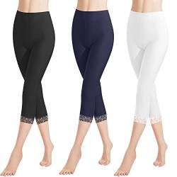 Libella 3er Pack Damen Leggings 3/4 Hose mit Spitze aus Baumwolle Capri-Hose mit Hohe Taille bunt Slim Fitnesshose Schwarz Weiß Marineblau L 4166 von Libella