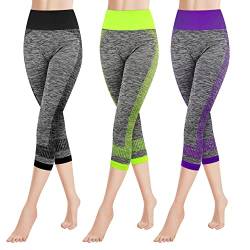 Libella 3er Pack Damen Leggings 3/4 Sporthose High Waist Sportleggins Mehrfarbig Strech Fitness Laufhose Caprihose 4119 Schwarz Lila Grün S M von Libella