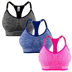 Libella 3er Pack Damen Sport BH Bustier Comfort BH Reissverschluss Gepolsterter Push UP Stützfunktion verstellbare Träger Ohne Bügel Yoga Fitness 3714 Grau +Blau+Pink LXL von Libella